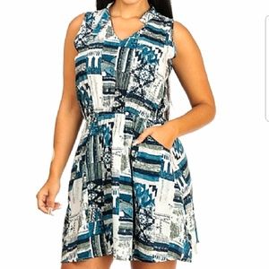 DONATED Olive and blue printed v-neck dress.